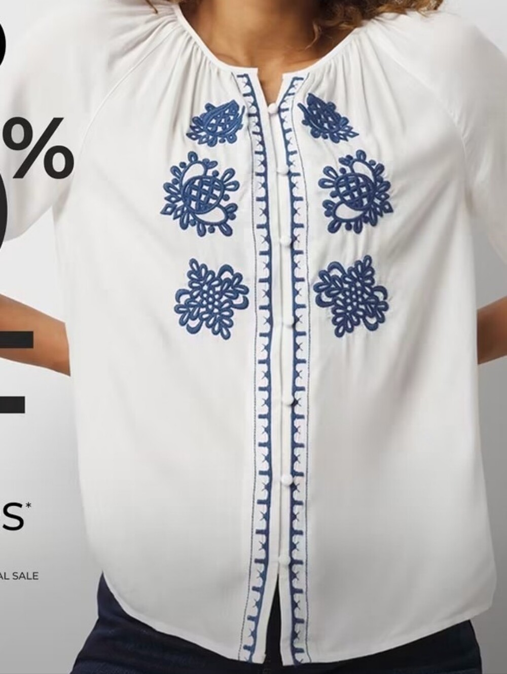 Chico's White Button Down Blouse with Navy Blue Embroidery Size Medium (2)